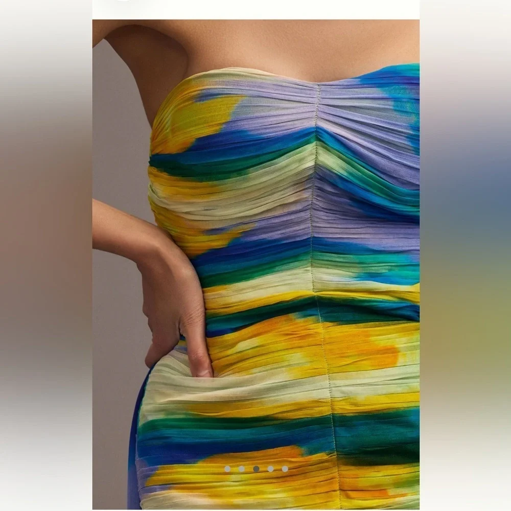 Anthropologie Vineet Bahl Strapless Watercolor-Print High-Low Dress Medium
